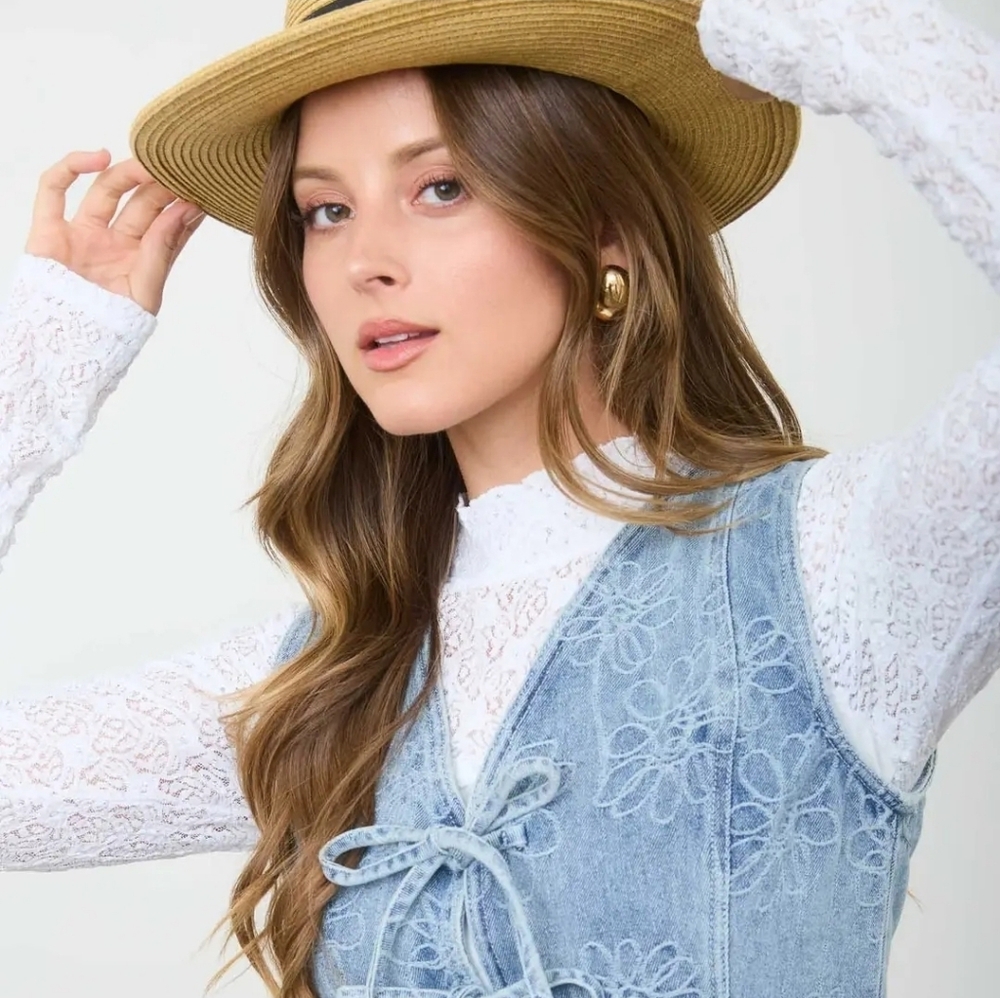J.O.A. Light Blue Denim Vest with Floral Embroidery